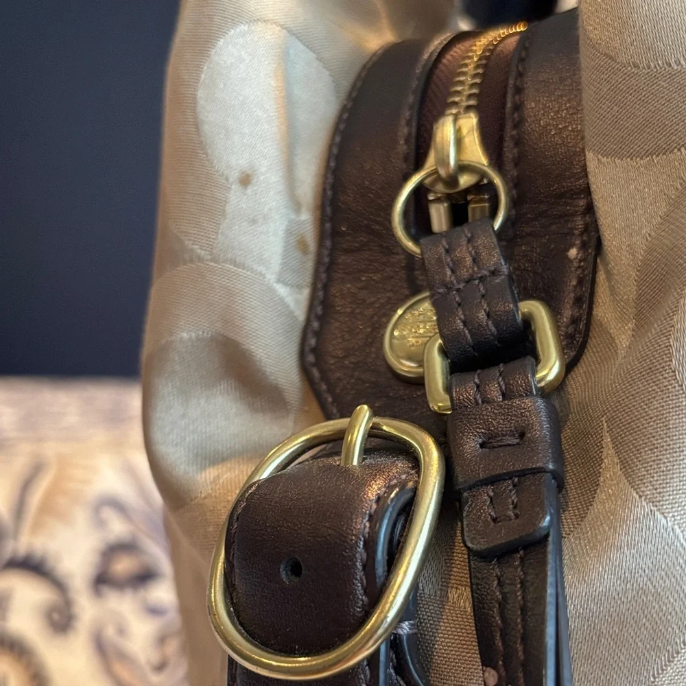 Coach Khaki Signature Jacquard Shoulder Bag with Dark Brown Trim - Picture 8 of 17